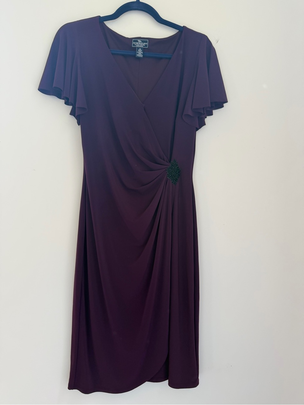 American Living Plum Faux-Wrap Midi Dress with Side Brooch